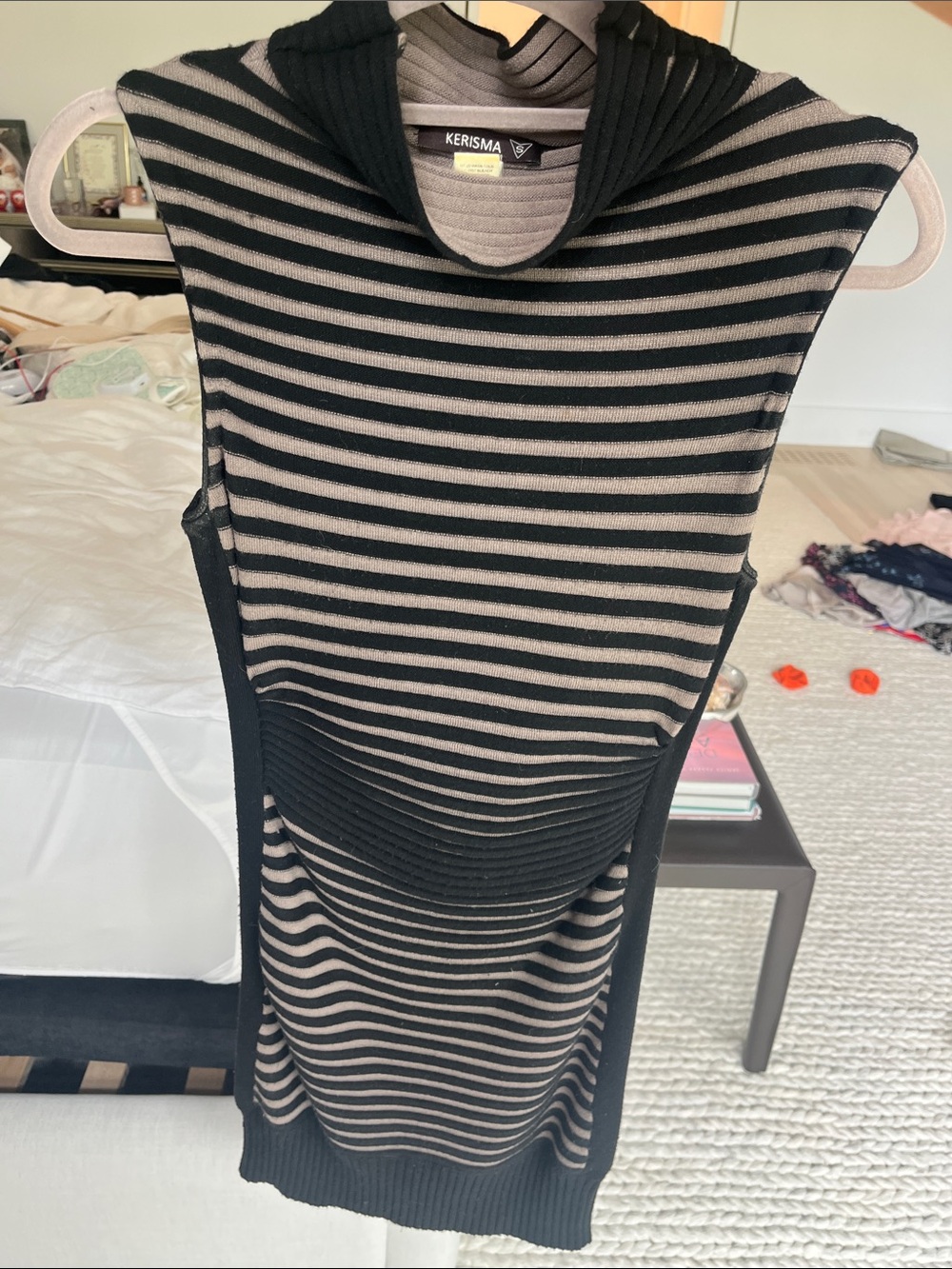 Kerisma Black and Gray Striped Sleeveless Knit Dress with Funnel Neck